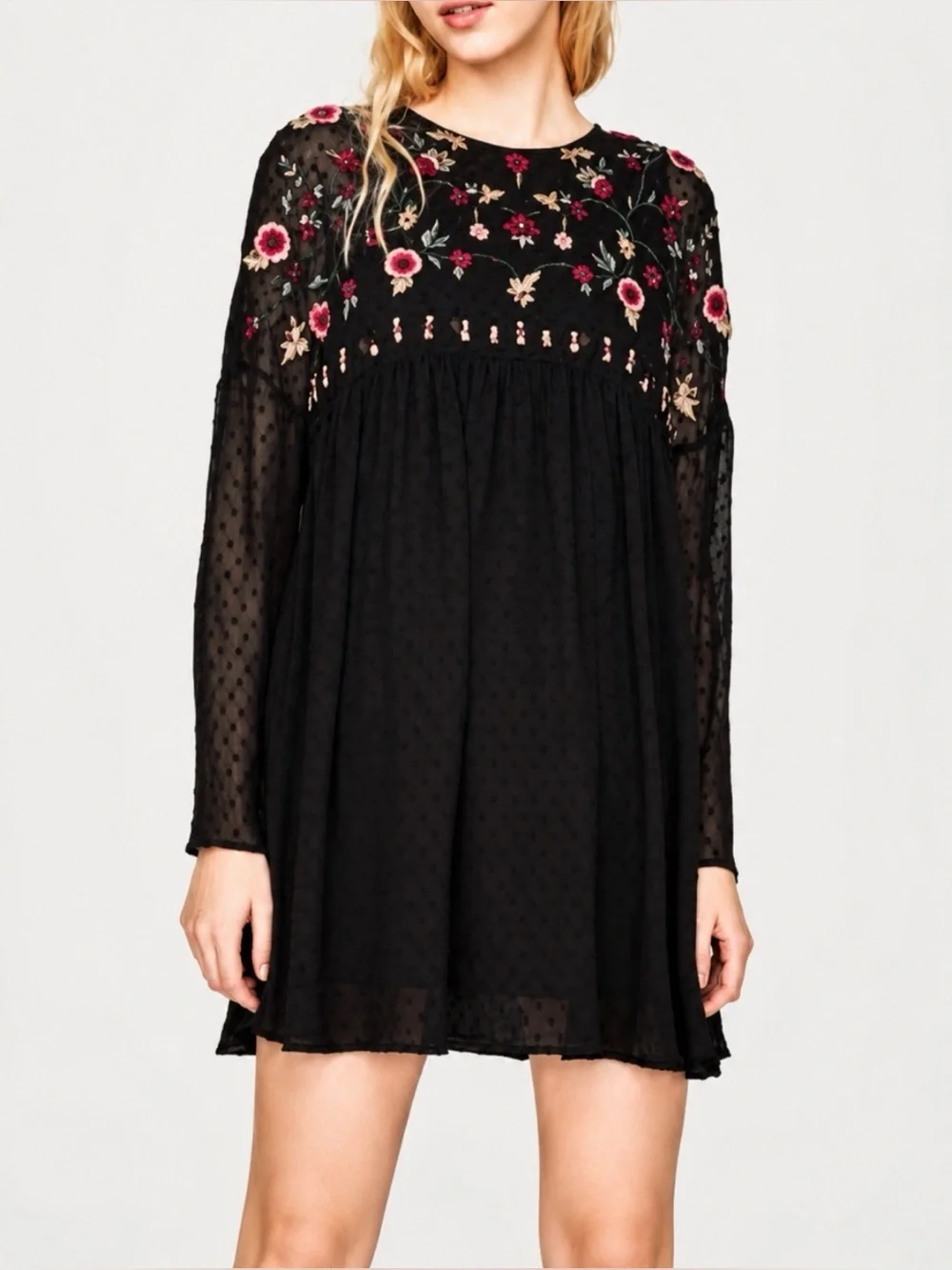 Zara Floral Embroidered Babydoll Mini Dress Size Small - Picture 9 of 9